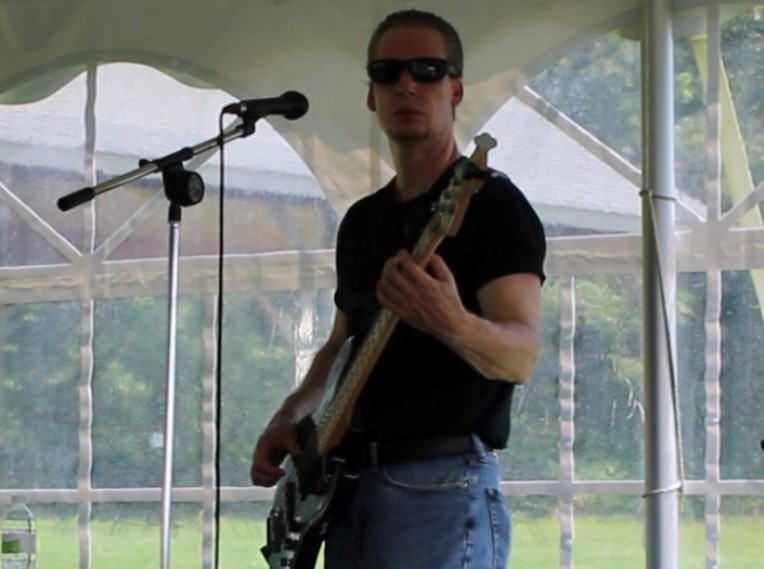 Man, Guitar, Rock, Mic, Tent, Stand, Black Tshirt, Jeans, Glasses, Shades, Sunglasses, White, Green, Garden, Trees