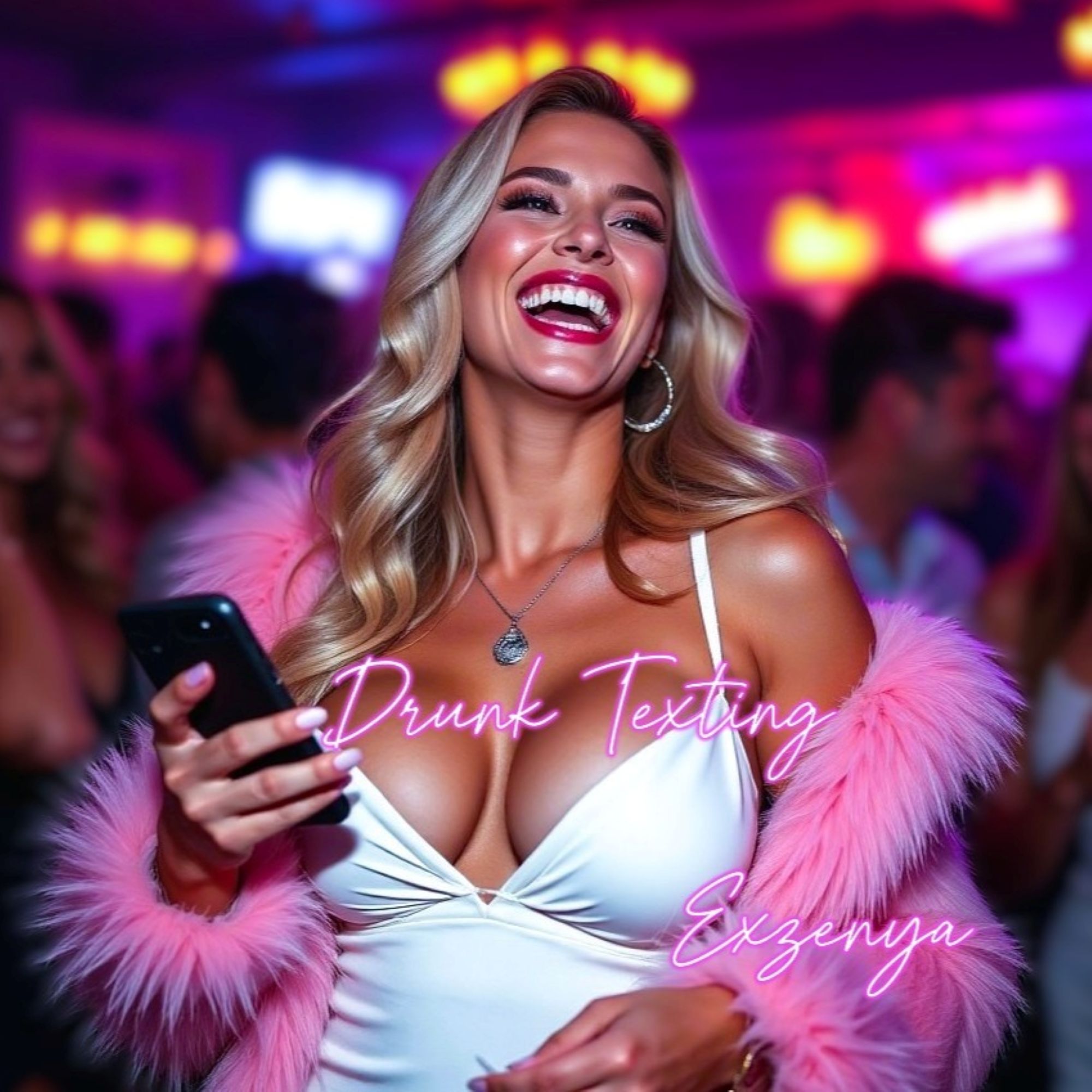 Woman, Texting, Jacket, Top, Dress, Blonde, Wavy, Club, Phone