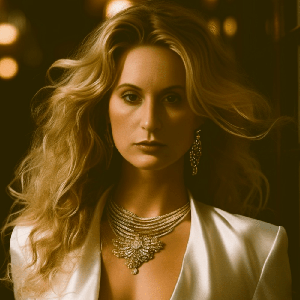 Woman, Musician, Artist, Singer, Blonde, Suit, Necklace, Earrings, Beige, Wavy