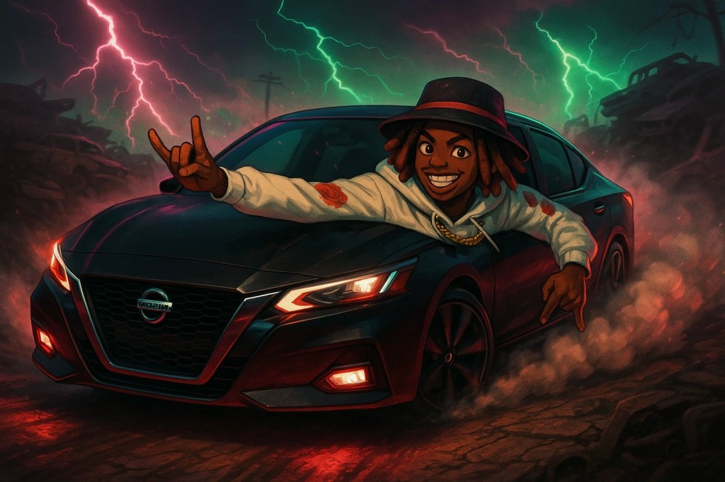 Man, Dreadlocks, Hat, Car, Bugati, Thunder, Lightning, Animated, Poster, Art, Black, Dust, Wind, Green, Red, Brown, Ai, Sketch, Rap, Rapper, Hip Hop