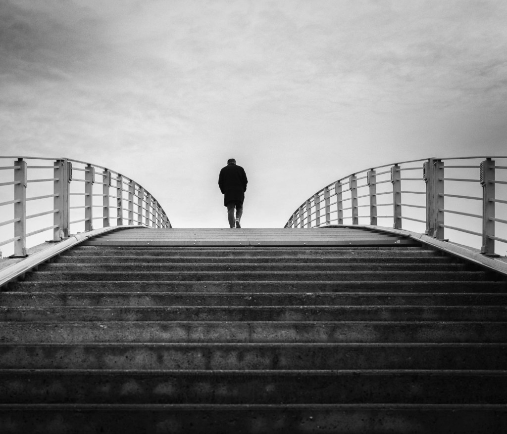 Man, Bridge, Stairs, Railing, Monochrome, Black, White, Experimental, Electronic, Song