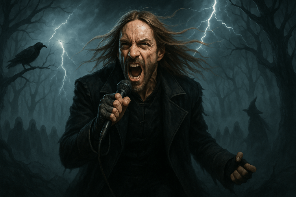 Man, Long Hair, Jacket, Suit, Blazer, Crow, Witch, Dark, Gothic, Mic, Rock, Metal, Night, Dark, Forest, Moon, Music, Musician, Song, Album, Art, Halloween
