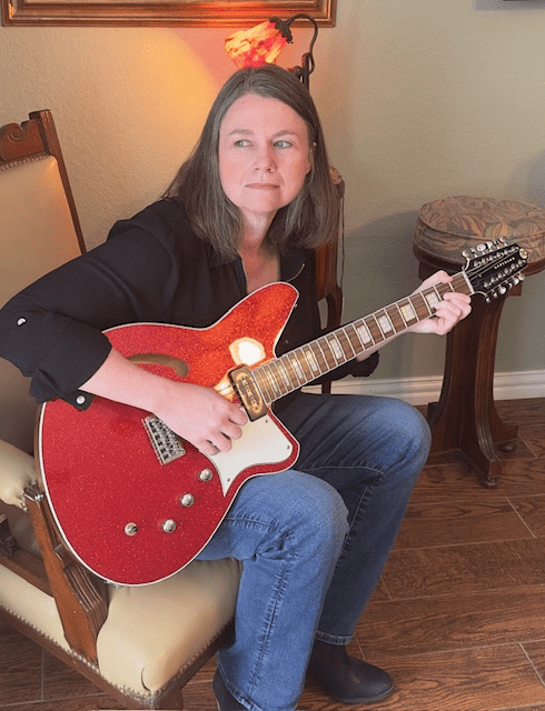 Woman, Guitar, Red, Rock, Music, Song, Musician, Artist, Singer, Jeans, Couch, Chair, Table, Light