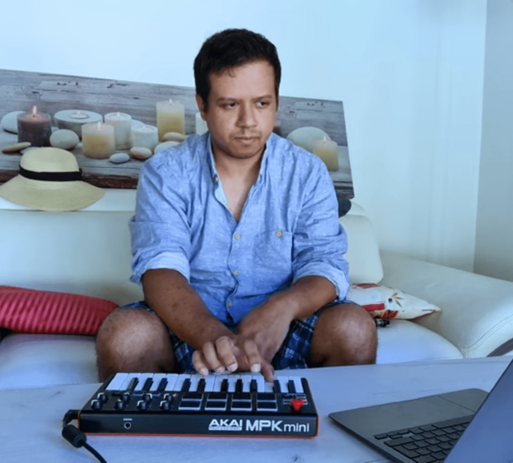 Man, Piano, Keyboard, Akai, MPK, Mini, Electronic, Rock, Music, Musician, Shirt, Boxers, Laptop, Macbook, Couch, White, Table, Home, Song