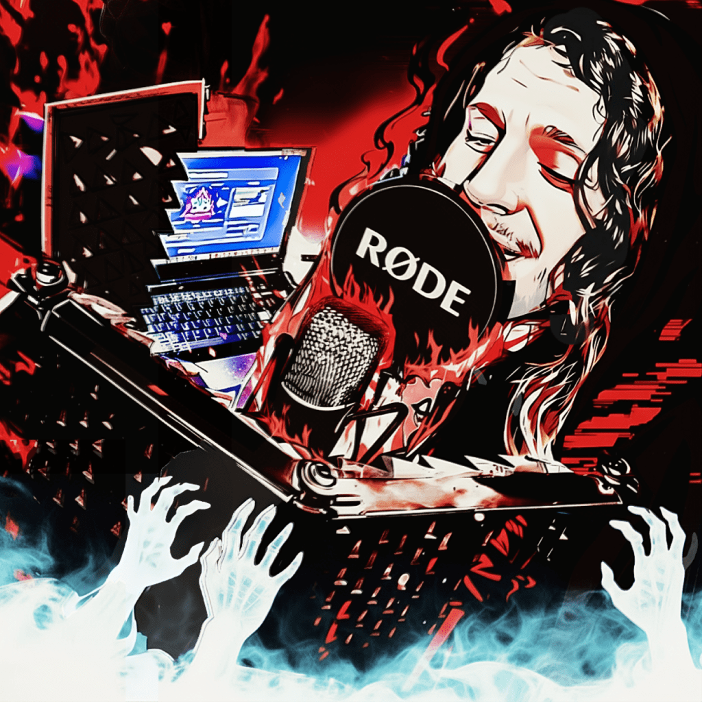Album, Cover, Art, Red, Sketch, Cyber, AI, Technology, Rode, Mic, Laptop, Speaker, Keys, Long Hair, Band, Music, Musician, Artist,