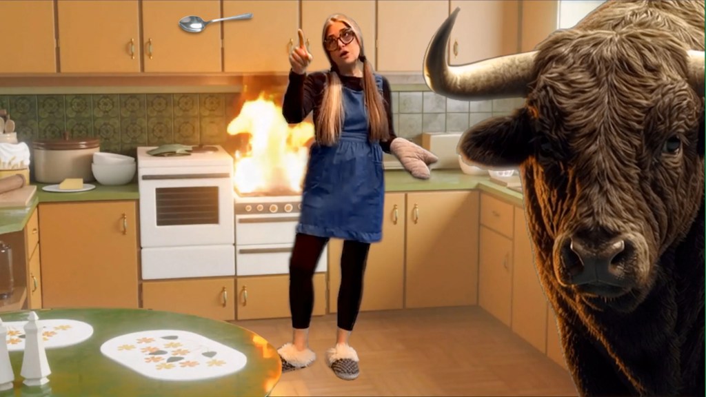 Woman, Musician, Glasses, Music, Video, Youtube, Thumbnail, Blue, Apron, Kitchen, Rhino, Bull, Ox, Table, Spoon, Fire, Oven, Cabinets, Blonde, Window, Bowls, Ladle