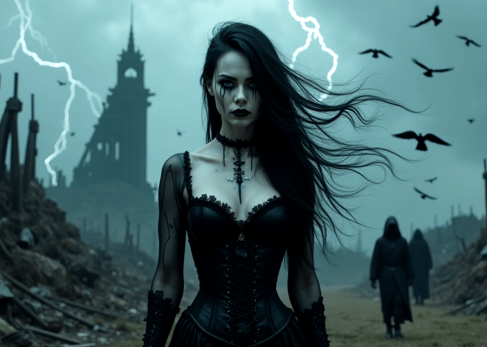 Album, Cover, Art, Music, Goth, Woman, AI, Lightning, Thunder, Crows, Blue, Temp, Roots, Lighthouse, Sky, Cloud, Lace, Eyeliner, Makeup, Choker, Tattoo, Rock, Song, EP, Music