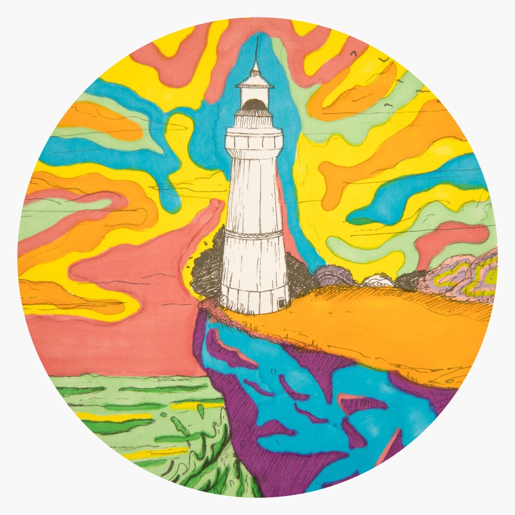 Album, Cover, Art, Circle, Lighthouse, Colourful, Colours, Blue, Purple, Indigo, Yellow, Orange, Peach, Red, Salmon, Green, Lime Green, Ocean, Water, Lake, River, Hill, Stones, Grass